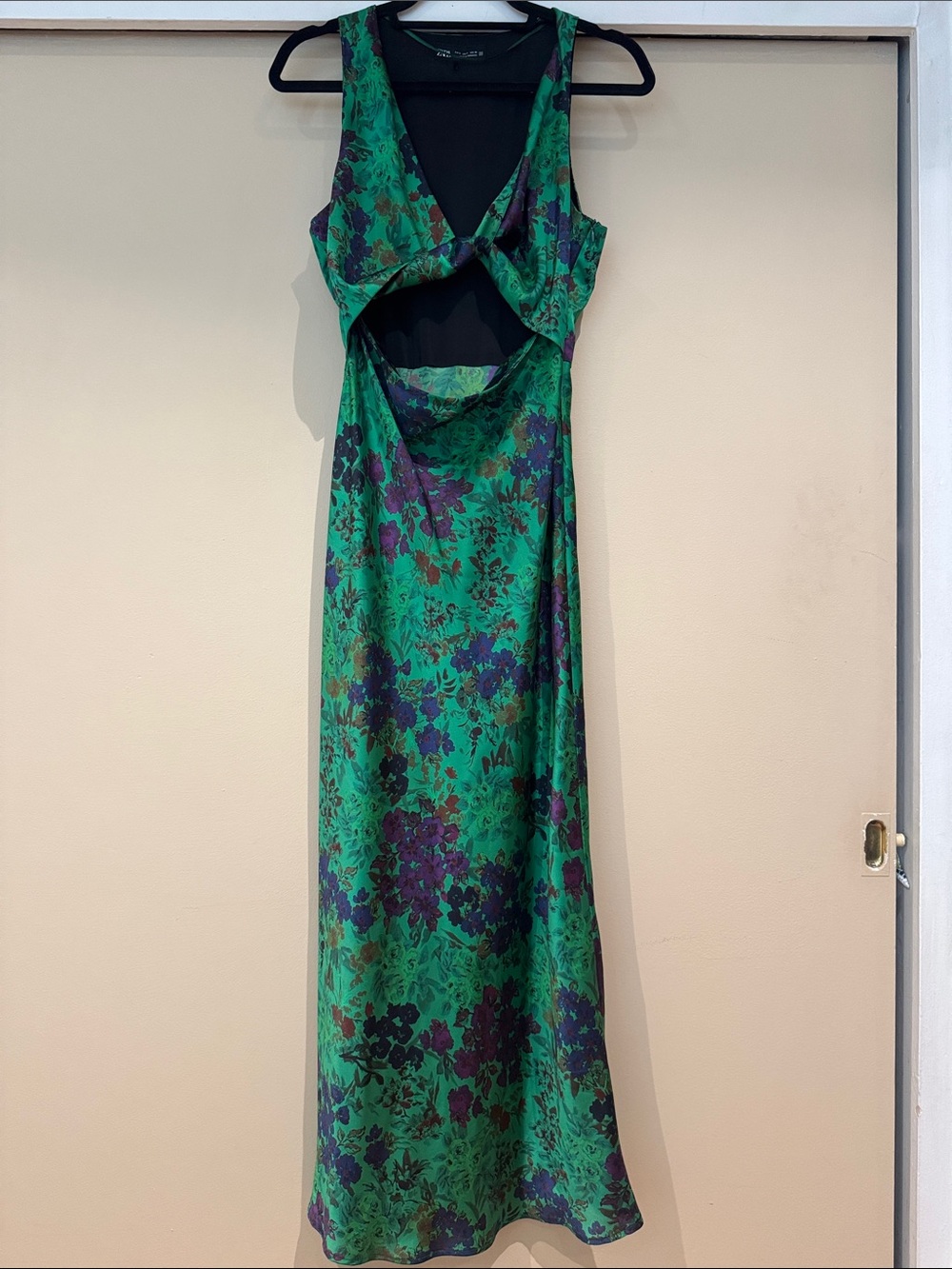 Green Floral Cutout Satin Maxi Dress
